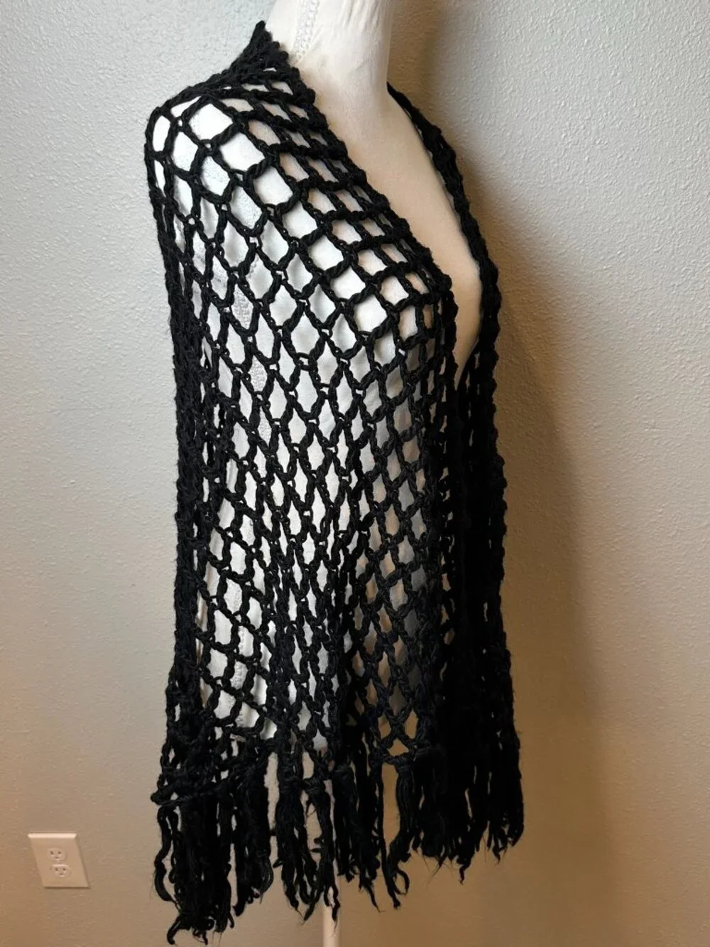 Black Crochet Fringe Shawl Wrap Open Knit Mesh Boho Festival Shrug Witchy Goth